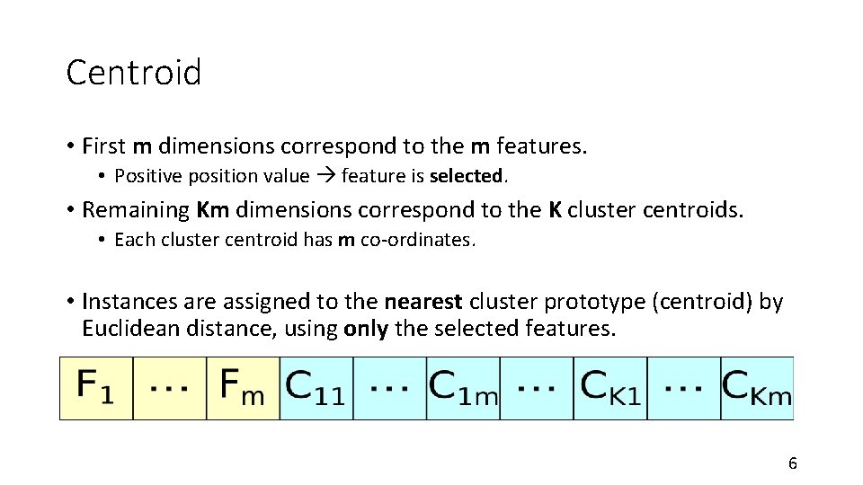 Centroid • First m dimensions correspond to the m features. • Positive position value
