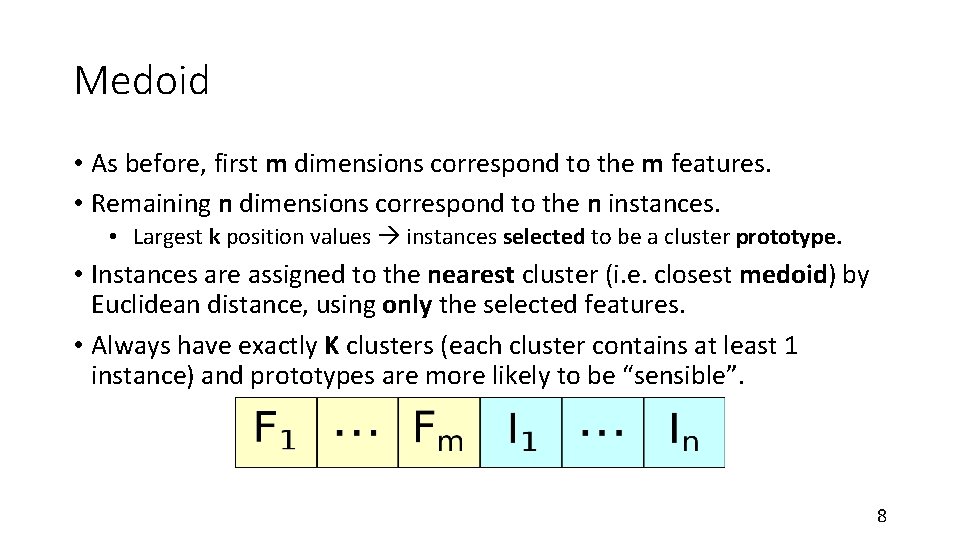 Medoid • As before, first m dimensions correspond to the m features. • Remaining