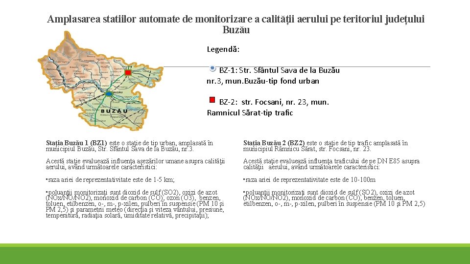 Amplasarea statiilor automate de monitorizare a calității aerului pe teritoriul județului Buzău Legendă: BZ-1: