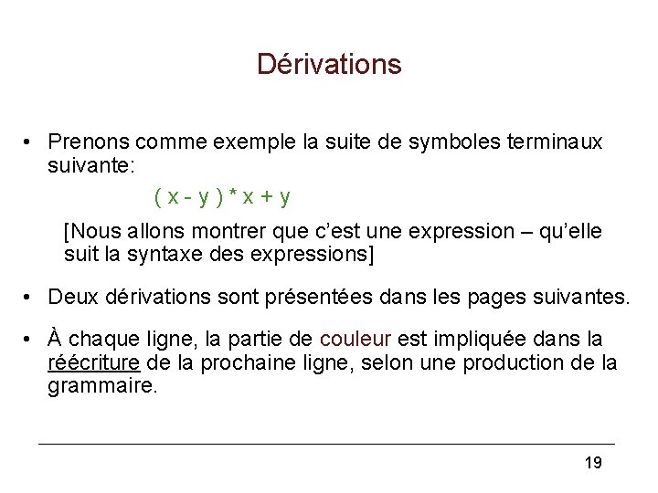 Dérivations • Prenons comme exemple la suite de symboles terminaux suivante: (x-y)*x+y [Nous allons