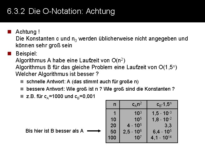 6. 3. 2 Die O-Notation: Achtung n Achtung ! Die Konstanten c und n