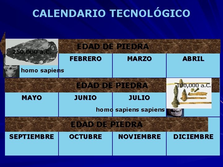 CALENDARIO TECNOLÓGICO 250, 000 a. C. ENERO EDAD DE PIEDRA FEBRERO MARZO ABRIL homo