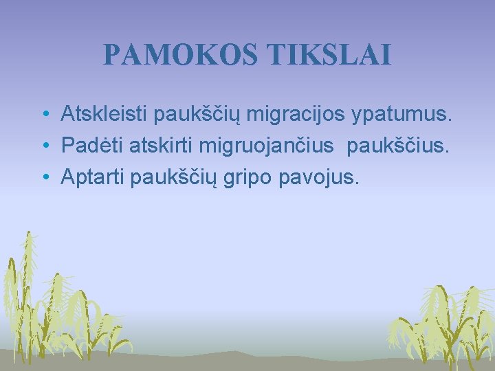 PAMOKOS TIKSLAI • Atskleisti paukščių migracijos ypatumus. • Padėti atskirti migruojančius paukščius. • Aptarti