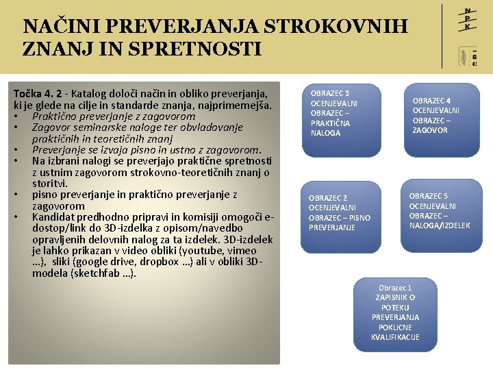 NAČINI PREVERJANJA STROKOVNIH ZNANJ IN SPRETNOSTI Točka 4. 2 - Katalog določi način in