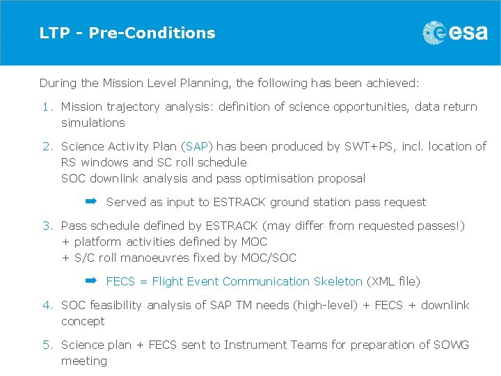 LTP - Pre-Conditions During the Mission Level Planning, the following has been achieved: 1.