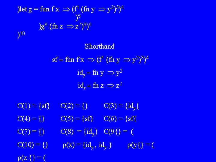 )let g = fun f x (f 1 (fn y y 2)3)4 )5 )g