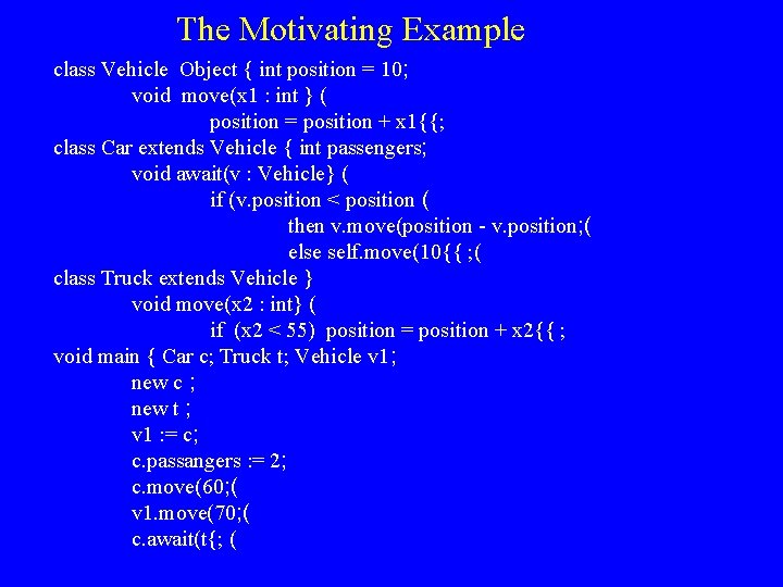 The Motivating Example class Vehicle Object { int position = 10; void move(x 1