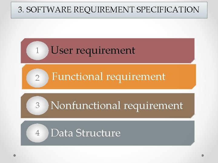 3. SOFTWARE REQUIREMENT SPECIFICATION • 1 User requirement • 2 Functional requirement • 3