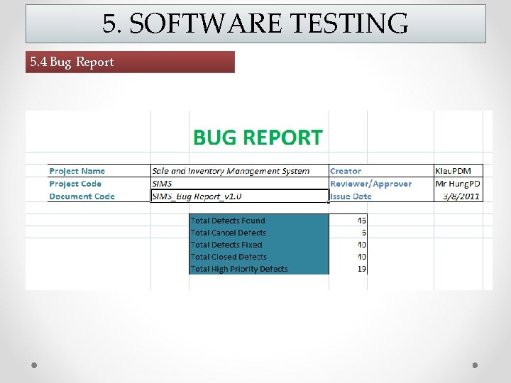 5. SOFTWARE TESTING 5. 4 Bug Report 