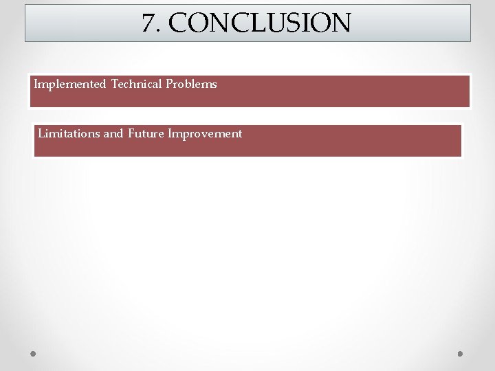 7. CONCLUSION Implemented Technical Problems Limitations and Future Improvement 