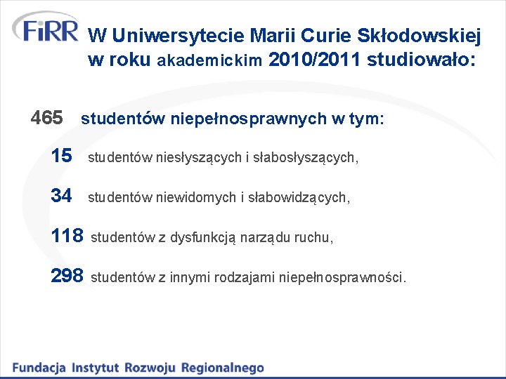 W Uniwersytecie Marii Curie Skłodowskiej w roku akademickim 2010/2011 studiowało: 465 studentów niepełnosprawnych w