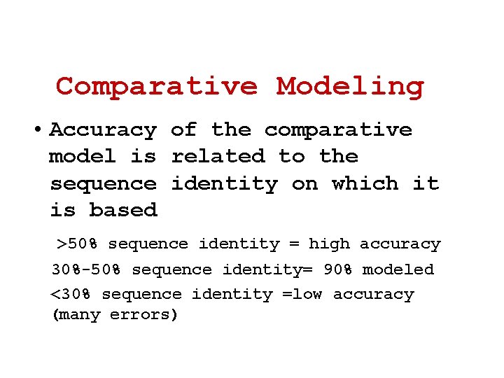 Comparative Modeling • Accuracy of the comparative model is related to the sequence identity Comparative Modeling • Accuracy of the comparative model is related to the sequence identity