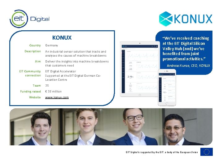 KONUX Country Description Aim EIT Community connection Team Funding raised Website Germany An industrial