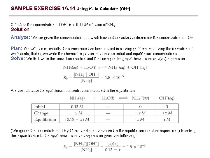 SAMPLE EXERCISE 16. 14 Using Kb to Calculate [OH–] Calculate the concentration of OH–