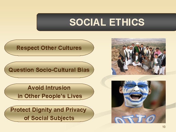 SOCIAL ETHICS Respect Other Cultures Question Socio-Cultural Bias Avoid Intrusion in Other People’s Lives