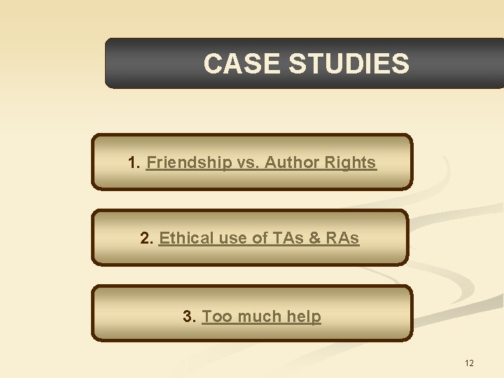CASE STUDIES 1. Friendship vs. Author Rights 2. Ethical use of TAs & RAs