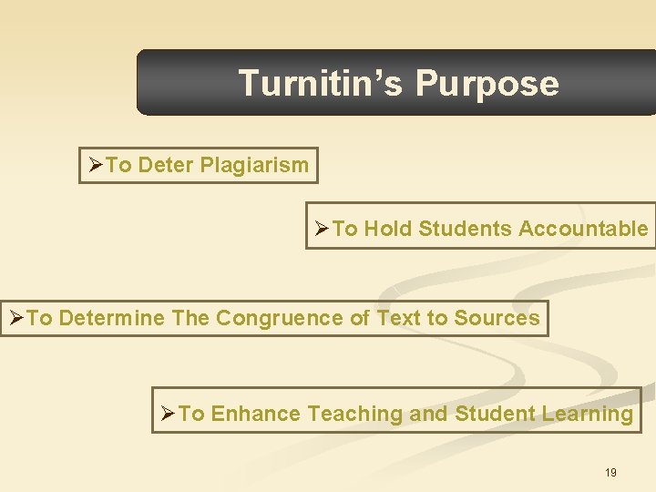 Turnitin’s Purpose ØTo Deter Plagiarism ØTo Hold Students Accountable ØTo Determine The Congruence of