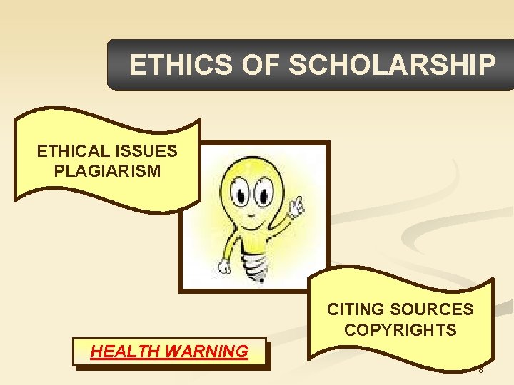 ETHICS OF SCHOLARSHIP ETHICAL ISSUES PLAGIARISM CITING SOURCES COPYRIGHTS HEALTH WARNING 8 