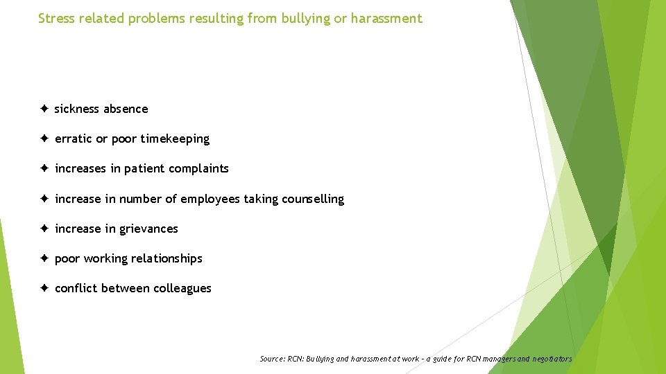 Stress related problems resulting from bullying or harassment ✦ sickness absence ✦ erratic or