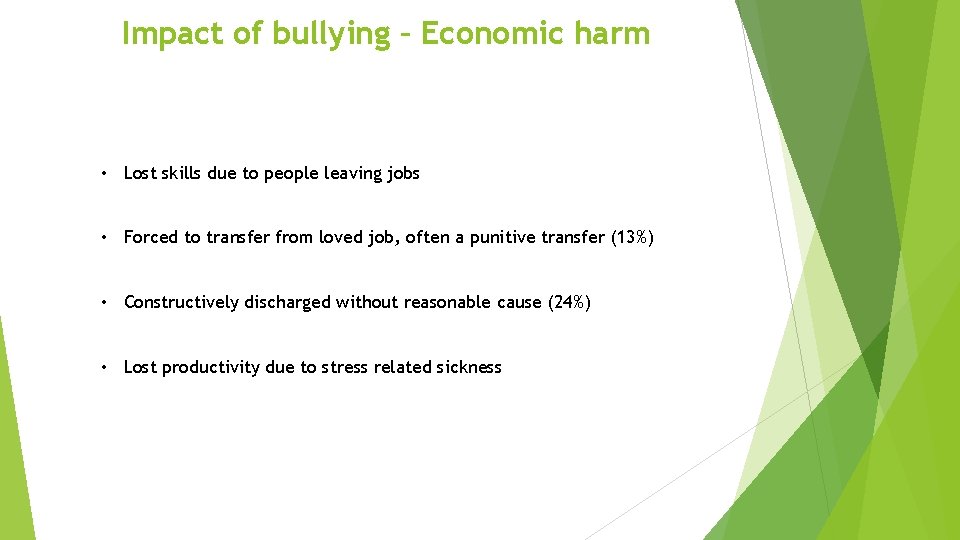 Impact of bullying – Economic harm • Lost skills due to people leaving jobs