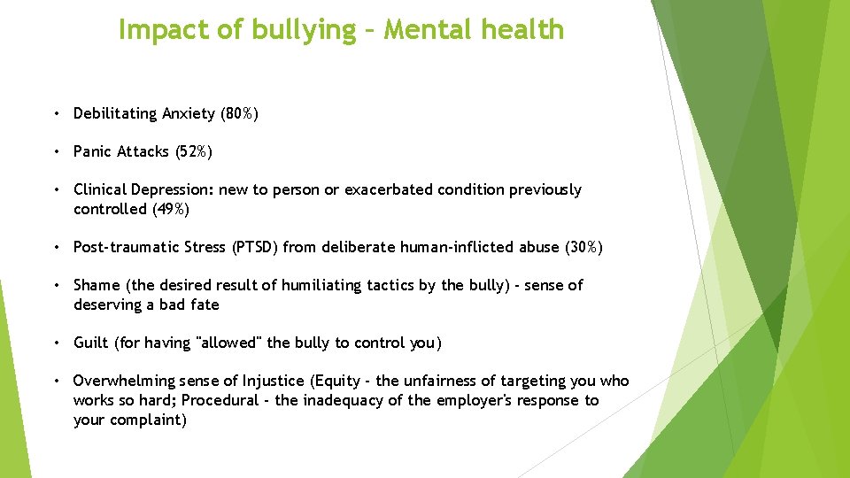 Impact of bullying – Mental health • Debilitating Anxiety (80%) • Panic Attacks (52%)