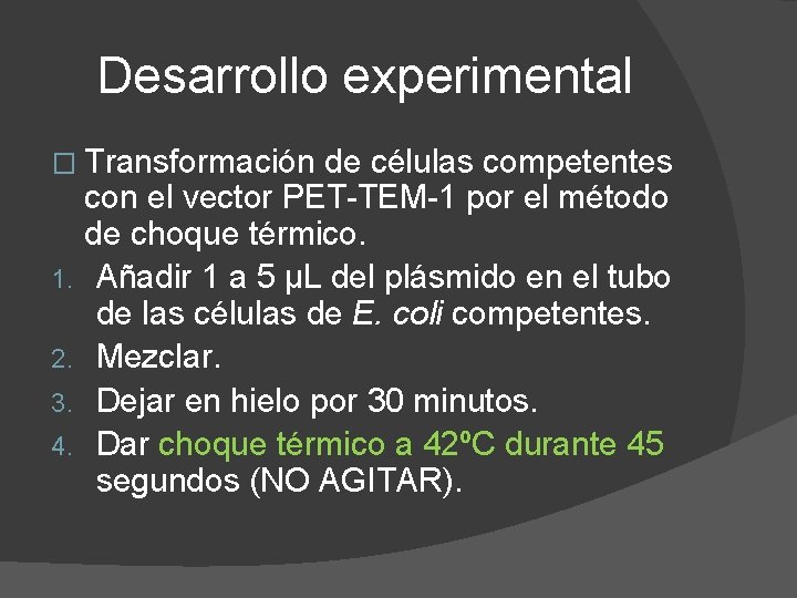 Desarrollo experimental � Transformación 1. 2. 3. 4. de células competentes con el vector