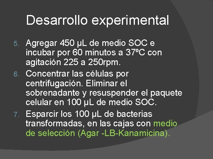 Desarrollo experimental Agregar 450 µL de medio SOC e incubar por 60 minutos a