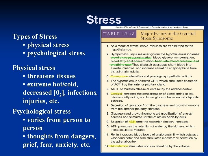 Stress Types of Stress • physical stress • psychological stress Physical stress • threatens