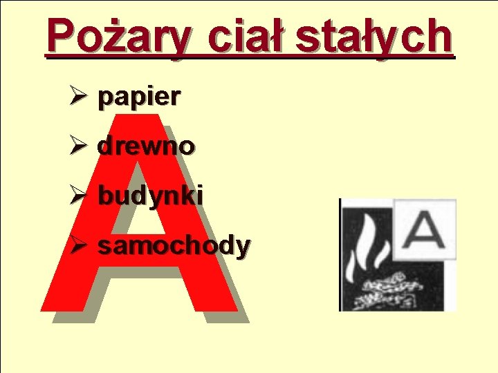 Pożary ciał stałych A Ø papier Ø drewno Ø budynki Ø samochody 