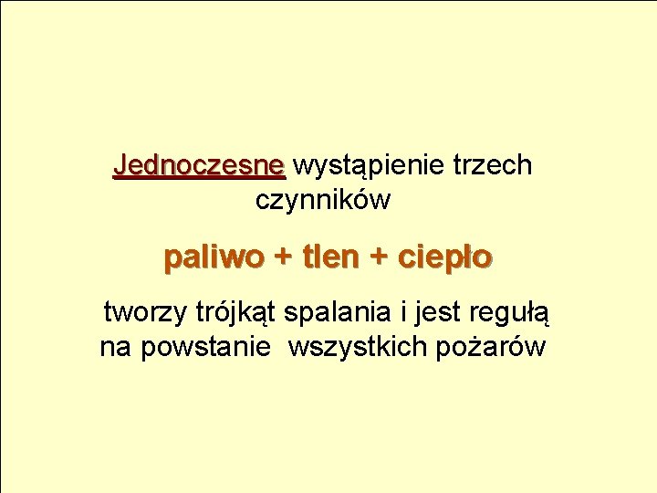 Jednoczesne wystąpienie trzech czynników paliwo + tlen + ciepło tworzy trójkąt spalania i jest