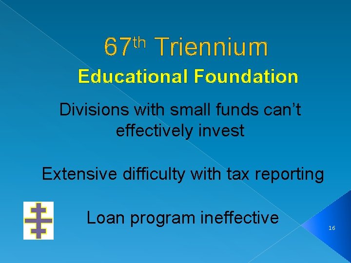 th 67 Triennium Educational Foundation Divisions with small funds can’t effectively invest Extensive difficulty