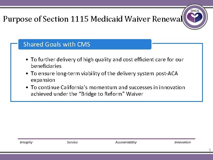 Purpose of Section 1115 Medicaid Waiver Renewal Shared Goals with CMS • To further