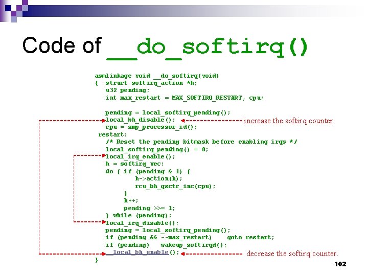 Code of __do_softirq() asmlinkage void __do_softirq(void) { struct softirq_action *h; u 32 pending; int