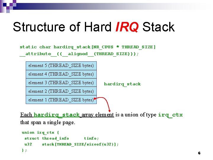 Structure of Hard IRQ Stack static char hardirq_stack[NR_CPUS * THREAD_SIZE] __attribute__((__aligned__(THREAD_SIZE))); element 5 (THREAD_SIZE