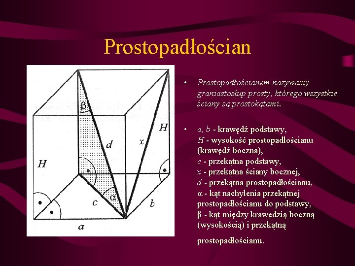 Prostopadłościan • Prostopadłościanem nazywamy graniastosłup prosty, którego wszystkie ściany są prostokątami. • a, b