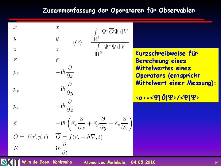 Zusammenfassung der Operatoren für Observablen Kurzschreibweise für Berechnung eines Mittelwertes eines Operators (entspricht Mittelwert