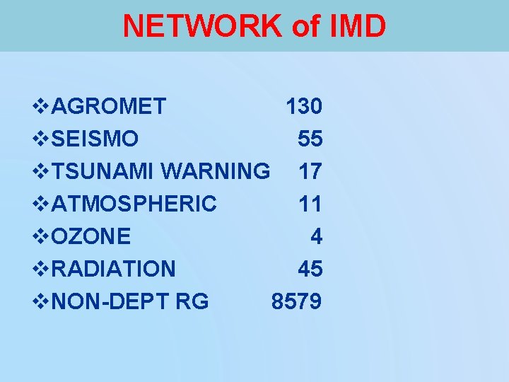 NETWORK of IMD v. AGROMET 130 v. SEISMO 55 v. TSUNAMI WARNING 17 v.