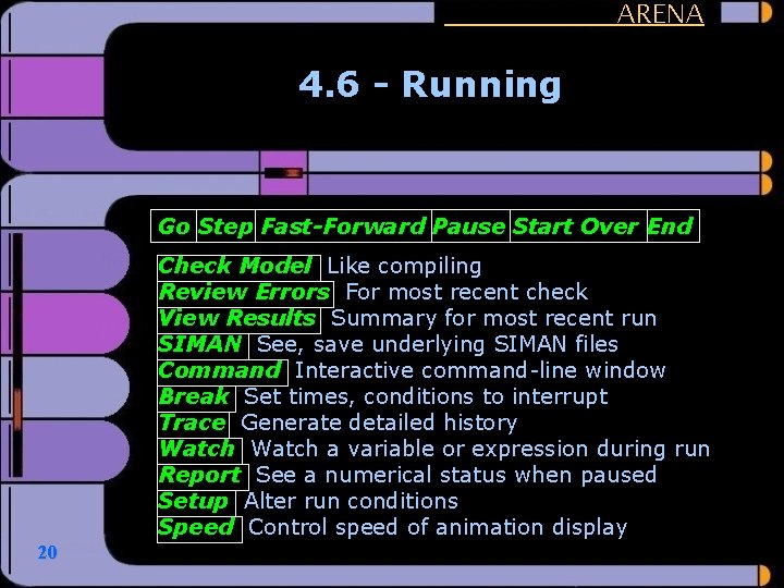 ARENA 4. 6 - Running Go Step Fast-Forward Pause Start Over End Check Model