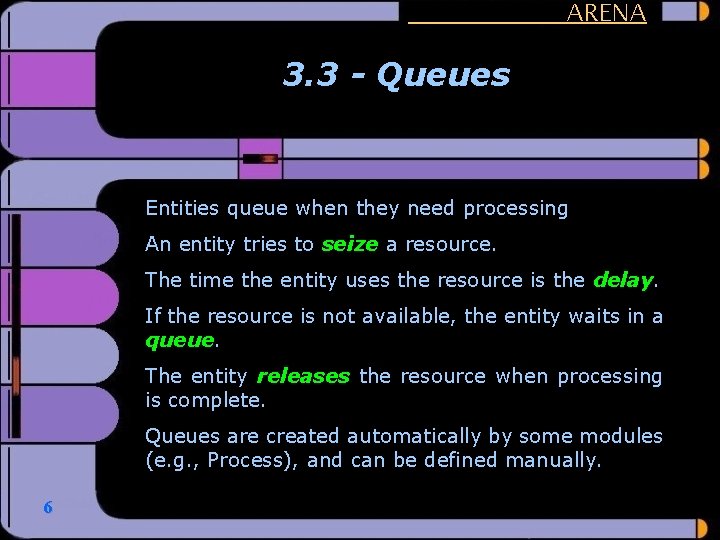 ARENA 3. 3 - Queues Entities queue when they need processing An entity tries