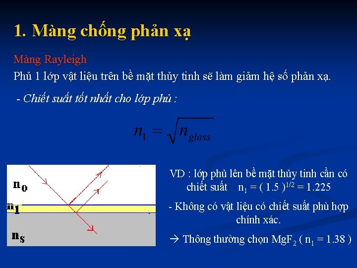 1. Màng chống phản xạ Màng Rayleigh Phủ 1 lớp vật liệu trên bề