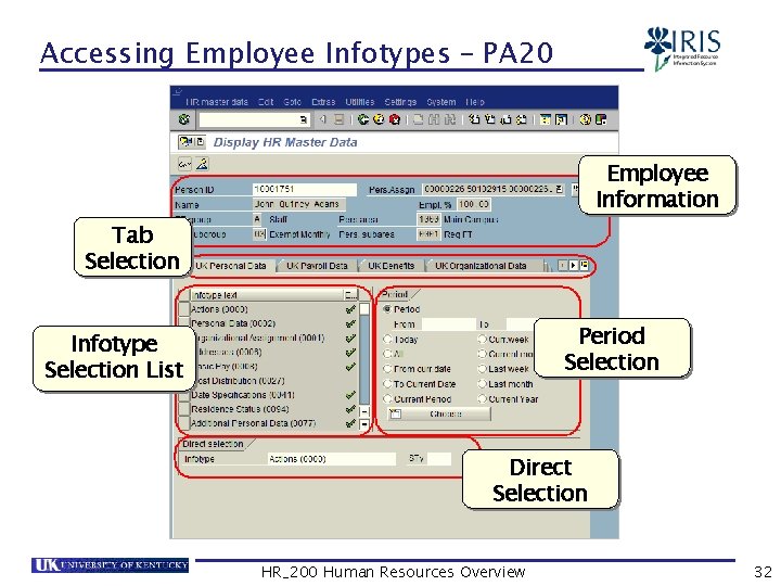 Accessing Employee Infotypes – PA 20 Employee Information Tab Selection Period Selection Infotype Selection