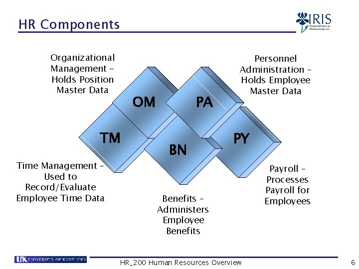 HR Components Organizational Management Holds Position Master Data OM TM Time Management – Used