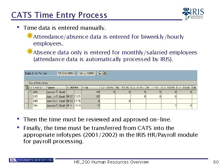 CATS Time Entry Process • Time data is entered manually. Attendance/absence data is entered