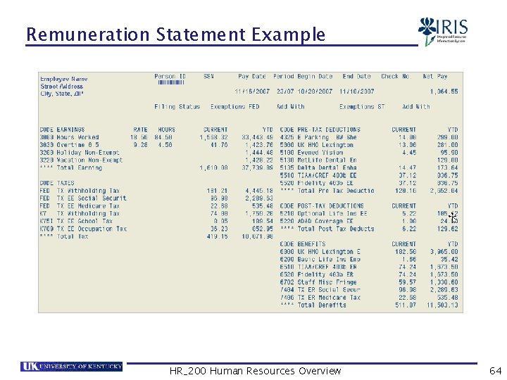 Remuneration Statement Example HR_200 Human Resources Overview 64 