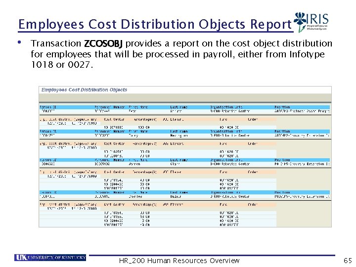 Employees Cost Distribution Objects Report • Transaction ZCOSOBJ provides a report on the cost