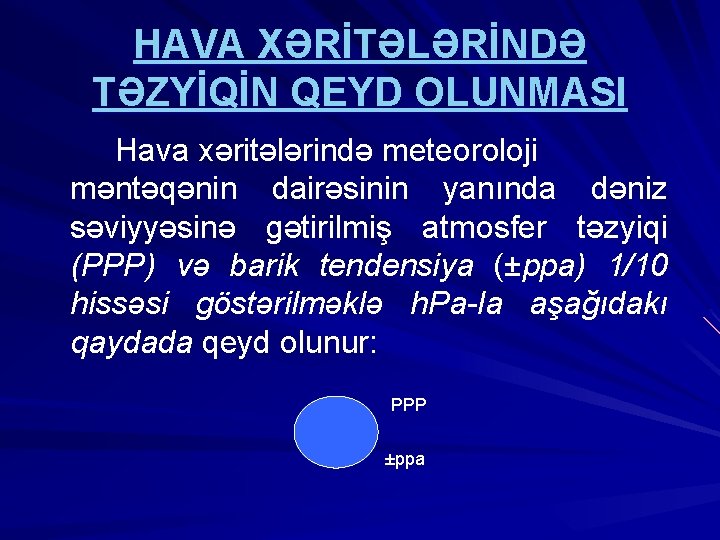 HAVA XƏRİTƏLƏRİNDƏ TƏZYİQİN QEYD OLUNMASI Hava xəritələrində meteoroloji məntəqənin dairəsinin yanında dəniz səviyyəsinə gətirilmiş