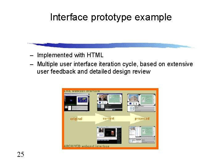 Interface prototype example – Implemented with HTML – Multiple user interface iteration cycle, based