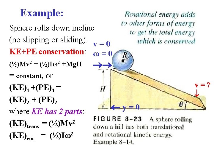 Example: Sphere rolls down incline (no slipping or sliding). v = 0 KE+PE conservation: