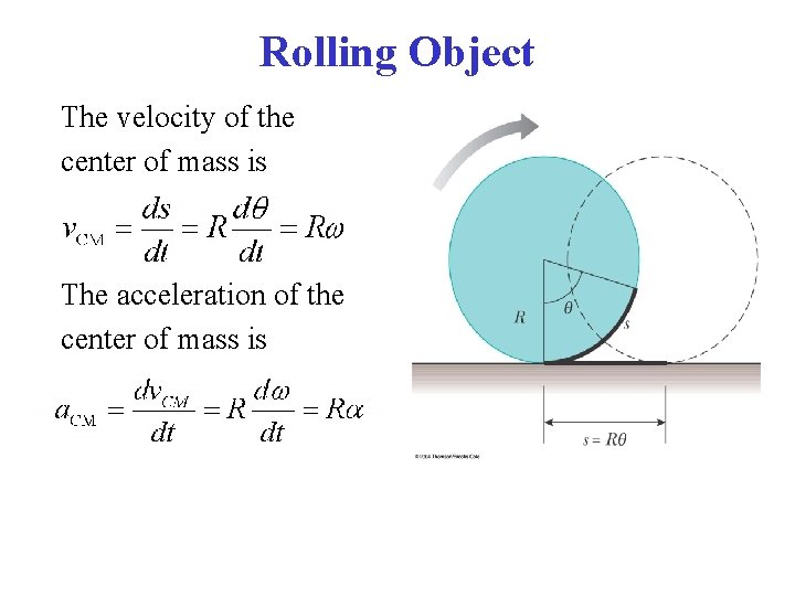 Rolling Object The velocity of the center of mass is The acceleration of the