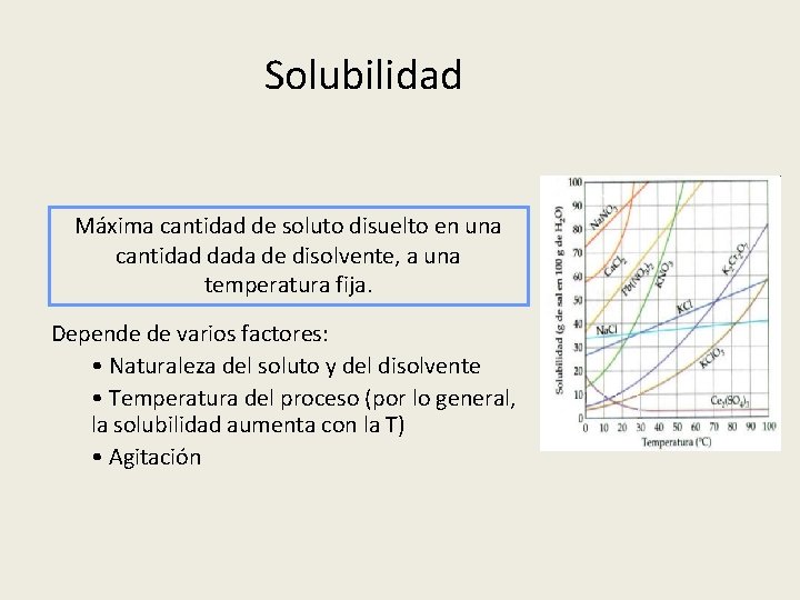 Solubilidad Máxima cantidad de soluto disuelto en una cantidad dada de disolvente, a una